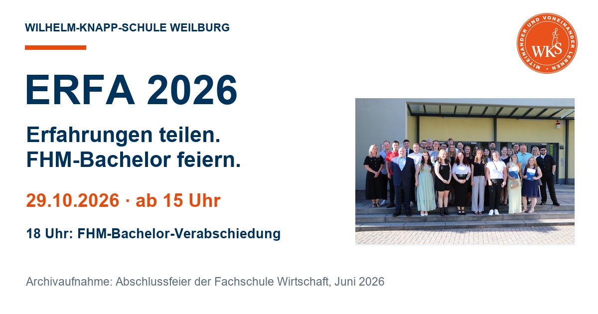 Einladung zur ERFA am 29. Oktober 2026 mit einer ausdrücklich gekennzeichneten Archivaufnahme der Fachschule Wirtschaft aus Juni 2026.