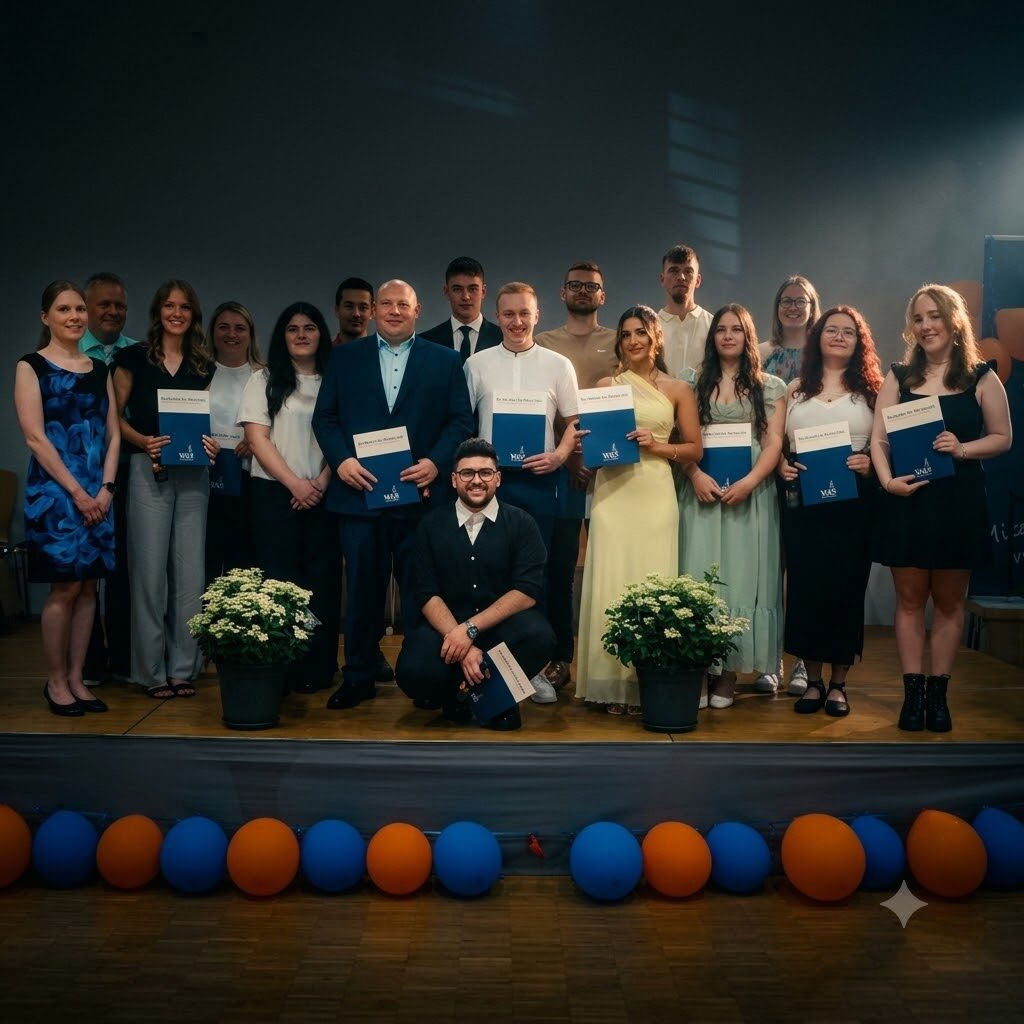 Absolventinnen und Absolventen der Fachschule für Wirtschaft mit ihren Urkunden bei der Verabschiedung in der Aula der Wilhelm-Knapp-Schule Weilburg 2026